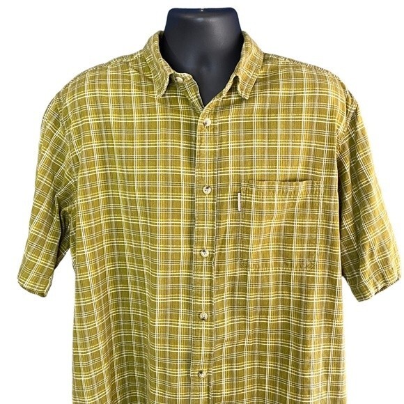 Woolrich Green Yellow Plaid Short Sleeve Button-Down Shirt Chest Pocket, size L - Picture 2 of 8
